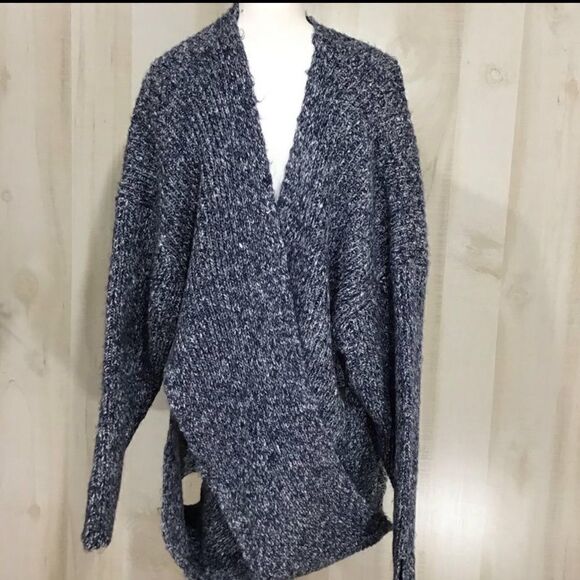 Wildfox Drew Oversize Herringbone Open V Chunky Sweater Blue White Size Small - Picture 4 of 13